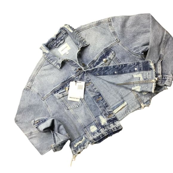 Industries Jeans Jacket Women Sz.Large Blue Denim Long Sleeve Distressed Raw Hem - Picture 8 of 8